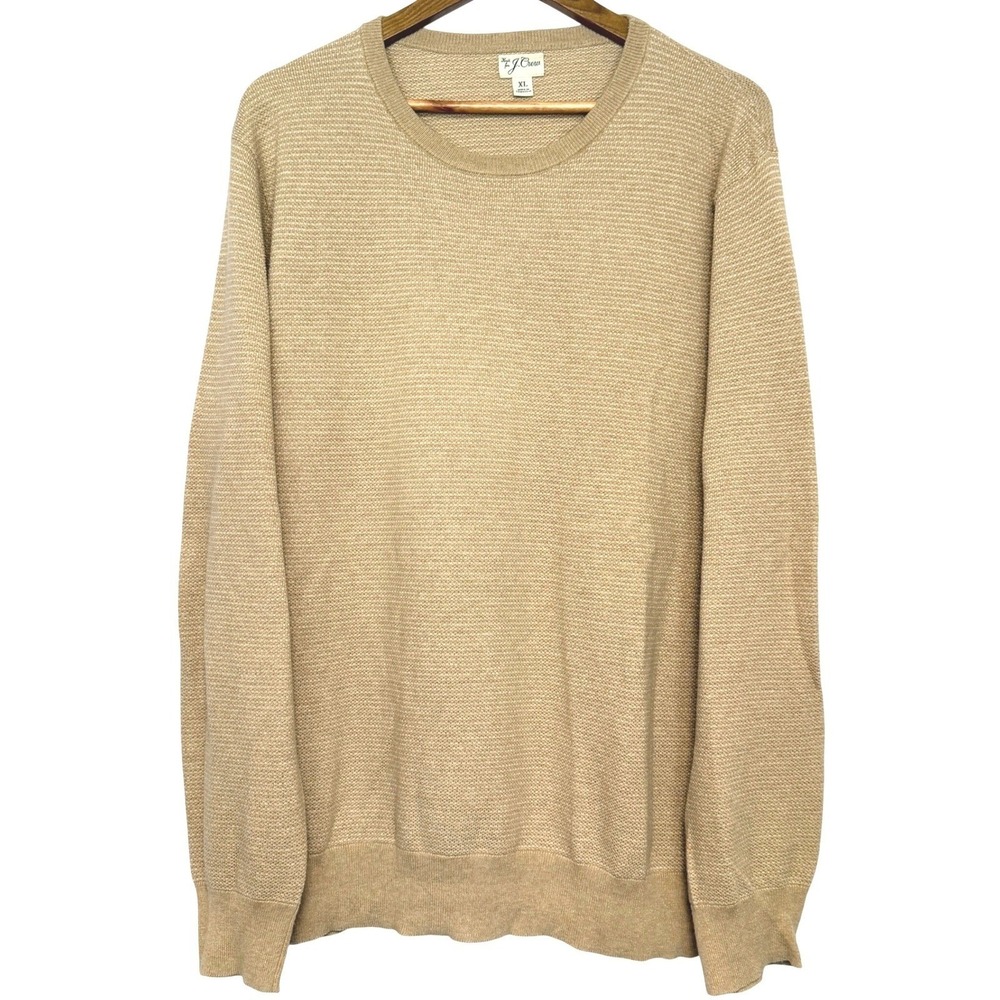 J Crew Cotton Pique-Stitch Crewneck Sweater Mens XL Heather Tan Knit Long Sleeve